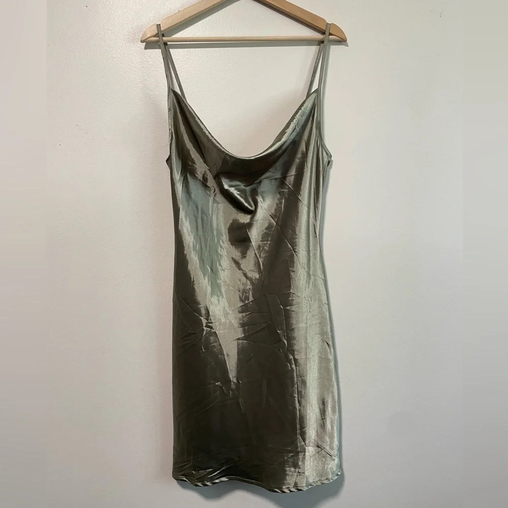 Olive Green Cowl Neck Satin Cami  Slip Dress - L - Picture 2 of 7